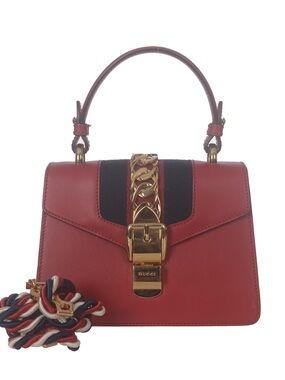 Gucci Red Leather Top Handle Bag with Gold Chain Accent Shoulder Bag